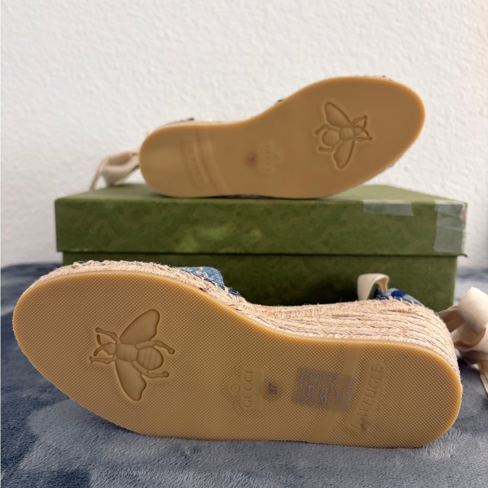 Gucci Blue Denim Monogram Espadrille Wedge Sandals with Cream Ankle Ties - Picture 8 of 11